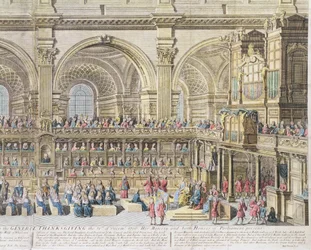 Aussicht auf den Chor der Kathedrale St. Paul, am allgemeinen Dankfest, 31. Dezember 1706. Ihre Majestät und beide Häuser des Parlaments anwesend (Detail)